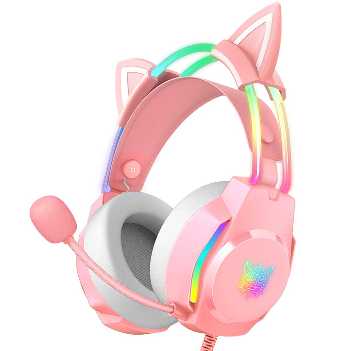 ONIKUMA X26 Cat Ear RGB Wired Gaming Headset in pink featuring dynamic LED lighting, adjustable microphone, and soft ear cushions for comfort and style.